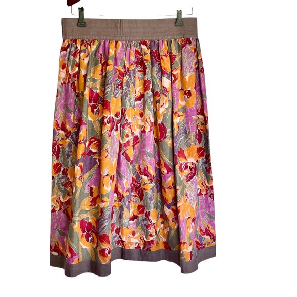 A-Line 100% Linen Midi Skirt Orange Purple Iris Print Button Side Closure Sz 10 - Picture 2 of 7